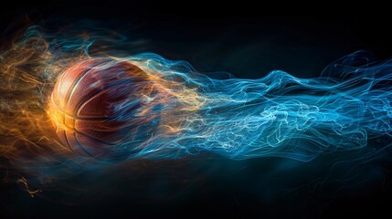 Mystical basketball ball with a swirling aura effect floating against a black background ample copyspace - obrazy, fototapety, plakaty