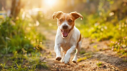 Jack Russell Terrier runs joyfully in a lush green meadow.