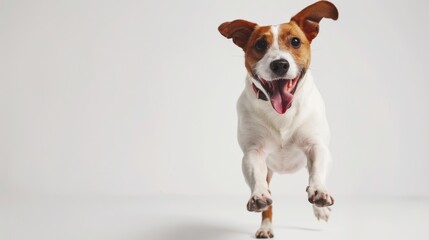 Joyful dog jumping mid-air with an excited expression on a white backdrop, capturing pure canine bliss - obrazy, fototapety, plakaty