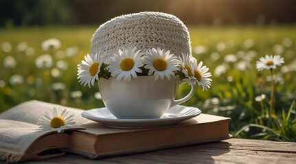 beautiful daisies in white cup book braided hat in sum .Generative AI - obrazy, fototapety, plakaty