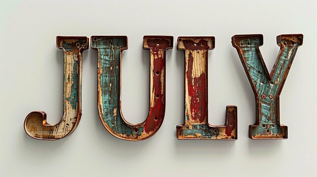 Rustic 3d wooden letters "JULY" cut out on white background, illustration