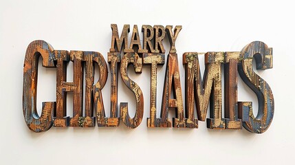 Rustic 3d wooden letters "MARRY CHRISTAMIS" cut out on white background
