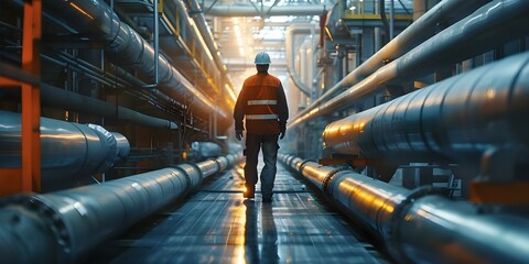 A man inspecting steel pipes in an oil refinery station during maintenance work in the oil and gas industry. Concept Industrial Inspection, Oil Refinery, Maintenance Work, Steel Pipes, Gas Industry - obrazy, fototapety, plakaty