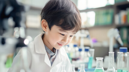 Young Boy as a Scientist in a Laboratory Environment. Profession Choice Concept.
