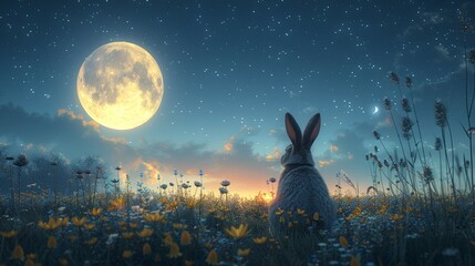 3D Easter bunny silhouette against a full moon - obrazy, fototapety, plakaty