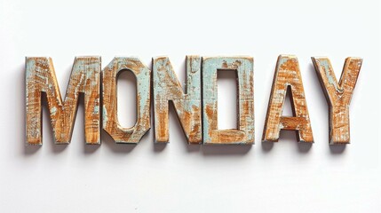Rustic 3d wooden letters "MONDAY" cut out on white background