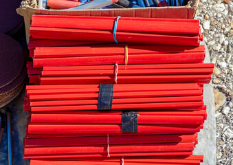 Red flat unsharpened pencils used in construction and carpentry works industry - 771642136