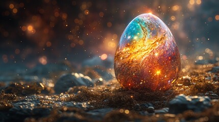 A 3D-rendered Easter egg painted with a galaxy theme - obrazy, fototapety, plakaty