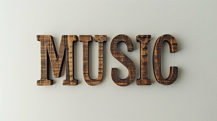 Rustic 3d wooden letters "MUSIC" cut out on white background