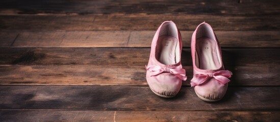 A fashion accessory with bows, a pair of pink shoes resting on a hardwood floor, creating an artful gesture against the wooden background - obrazy, fototapety, plakaty