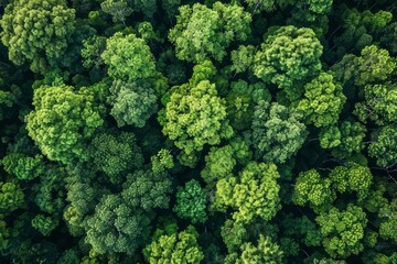 A high-angle drone shot capturing a dense group of trees tightly clustered in the middle of a forest