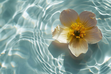 Fototapeta na wymiar Yellow flower cherry blossom gently floating on serene rippling water, conveying tranquility and natural elegance.