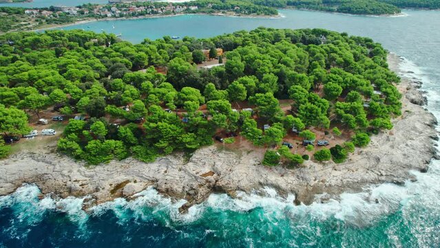 Aerial view of the beautiful peninsula with a camping site in Croatia