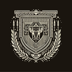 Vintage Classic Floral Shield Roman and Greek Line Drawing Style Logo Design, T-shirt and Streetwear