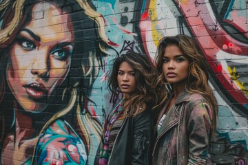 Two women are standing in front of a vibrant graffiti wall, observing the colorful street art