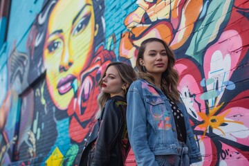 Two women are standing next to a vibrant, eye-catching street art wall