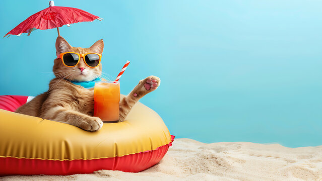 Cat in glasses with juice cocktail sitting on swimming pool float.