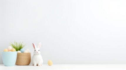 A detailed 3D-rendered scene of a rabbit peeking out from a basket full of Easter eggs isolated on a minimalist background cute - obrazy, fototapety, plakaty