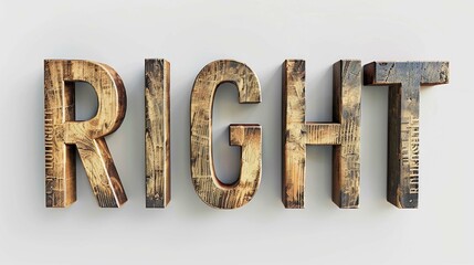 Rustic 3d wooden letters "RIGHT" cut out on white background