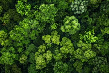 A view of multiple trees in a dense forest, creating a thick green canopy