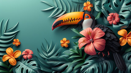 Colorful illustration with toucans and flowers