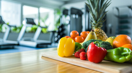 fresh fruit and vegetable healthy food on kitchen island with fitness running machine in modern...