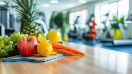 fresh fruit and vegetable healthy food on kitchen island with fitness running machine in modern fitness in background with heathy sport exercise concept