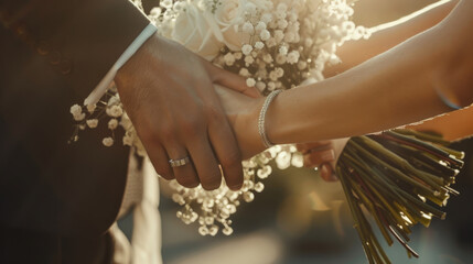 A bride and groom hold hands, adorned with a wedding ring and bracelet, amid a soft-focus backdrop of baby's breath flowers. - obrazy, fototapety, plakaty