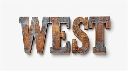 Rustic 3d wooden letters "WEST" cut out on white background