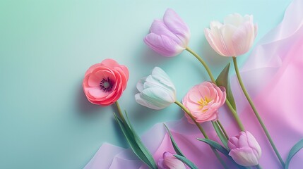 Various colorful flowers lying on a background with soft pastel gradient. Mothers day concept. Wedding concept.