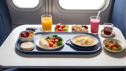 plane or train travel food plate. plane, train, travel, food, plate, meal, restaurant, table, dinner, directly above, tourism, food and drink, color image, horizontal, lifestyles, photography, celebra