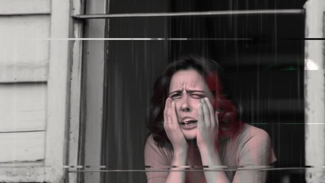 ilustra&ccedil;&atilde;o mulher triste chorando na janela 