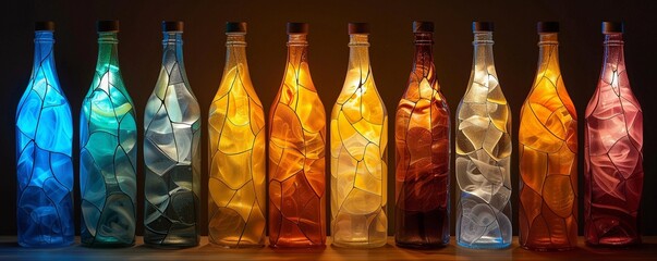 Evoke emotions with luminescent bottles develop a series of close-up shots capturing the essence of feelings like happiness, fear, and nostalgia let the colors and patterns mirror the depths of the hu - obrazy, fototapety, plakaty