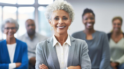 Empowerment of Older Adults. A confident senior black businesswoman leading a corporate meeting, standing at the forefront with diverse team members listening intently. Leadership and Expertise.