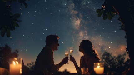 Fototapeta na wymiar couple spending a magical night together, toasting champagne under a canopy of stars