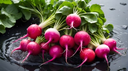 a bunch of radishes splattering into a water body. bunch, radishes, splattering, water, body, healthy eating, photography, crucifers, organic, leaf, freshness, radish, studio shot, green color, red, 