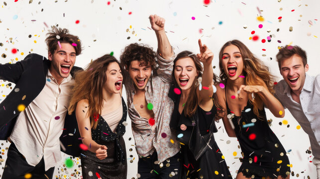 Five friends are tossing confetti and laughing together at a vibrant indoor celebration.
