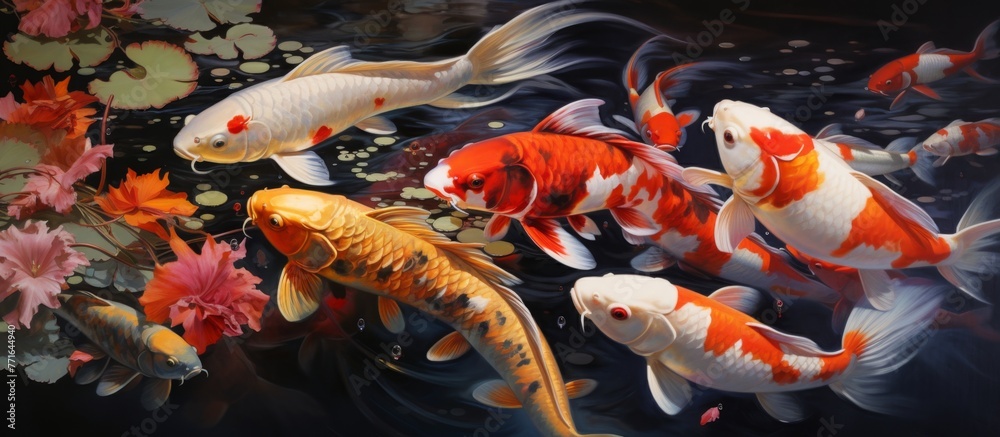 Poster A school of vibrant koi fish gracefully swim in the liquid environment of a pond, showcasing their colorful scales and elegant fins underwater