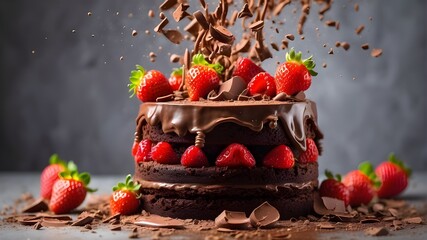 Chocolate cake with strawberry splashes and chunks of chocolate cake with strawberries floating in the air. chocolate, cake, strawberry, splashes, chunks, chocolate, cake, strawberries, floating, air, - obrazy, fototapety, plakaty