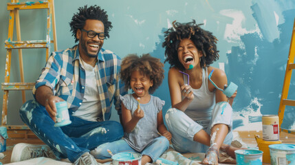 A cheerful family is splattered with paint during a fun home painting session.