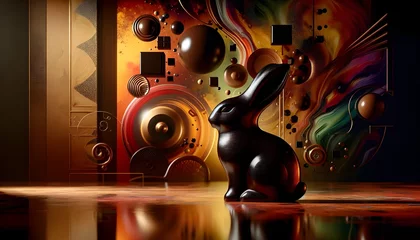 Foto op Plexiglas Illustration d'un lapin noir en chocolat, baigné de lumière, où l'art abstrait rencontre la douceur sucrée. Un moment captivant © Sébastien