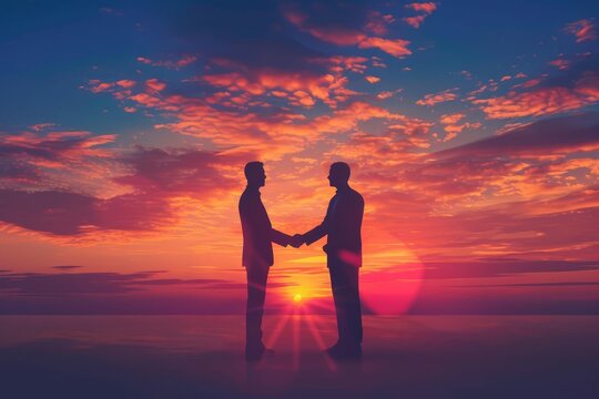 Business partners shaking hands at sunset, successful deal and agreement, silhouette vector illustration