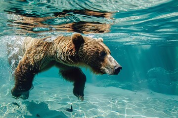 Brown bear (Ursus arctos) swimming and hunting for fish in clear blue water, wildlife animal in natural habitat, realistic nature photo