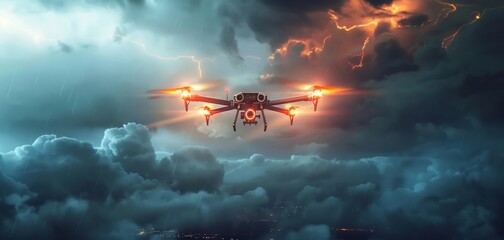 Natural Disasters Engineers deploying a geo engineering drone to combat a superstorm the drones engines glowing against dark clouds - obrazy, fototapety, plakaty