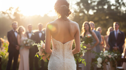 A bride holding a bouquet faces the groom with bridesmaids in the background. - obrazy, fototapety, plakaty