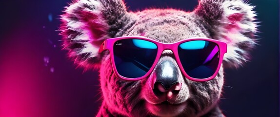 Vibrant neon background, a koala wears stylish pink sunglasses. Generative AI