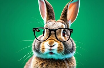Rabbit with glasses on isolated green background 