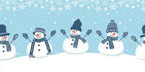 Happy snowmen have fun in winter holidays. Seamless border. Christmas background. Different snowmen in blue winter hats and scarves. Snowflakes. Greeting card template. Vector illustration on blue