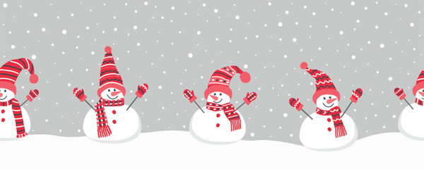 Happy snowmen have fun in winter holidays. Seamless border. Christmas background. Different snowmen in red winter hats and scarves. Greeting card template. Vector illustration on gray
