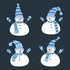Cute snowmen. Set. Four different snowmen in beautiful blue winter clothes. Greeting card Template. Vector illustration